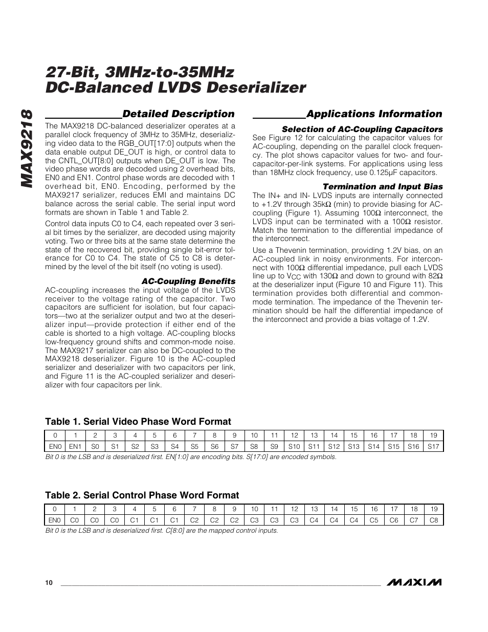 Detailed description, Applications information, Table 1. serial video phase word format | Table 2. serial control phase word format | Rainbow Electronics MAX9218 User Manual | Page 10 / 16