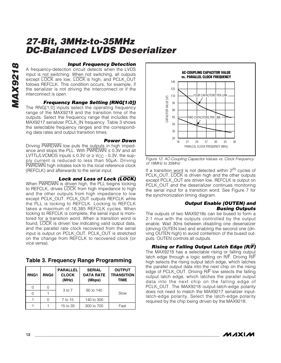 Table 3. frequency range programming | Rainbow Electronics MAX9218 User Manual | Page 12 / 16