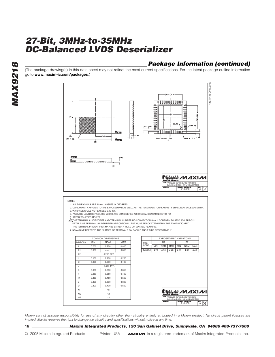 Package information (continued) | Rainbow Electronics MAX9218 User Manual | Page 16 / 16