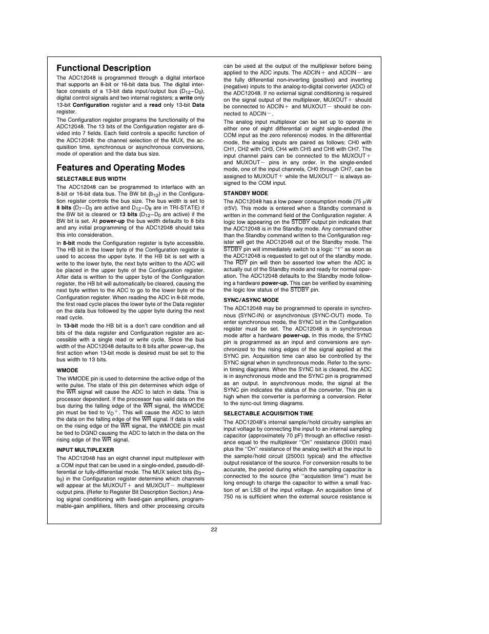 Functional description, Features and operating modes | Rainbow Electronics ADC12048 User Manual | Page 22 / 30