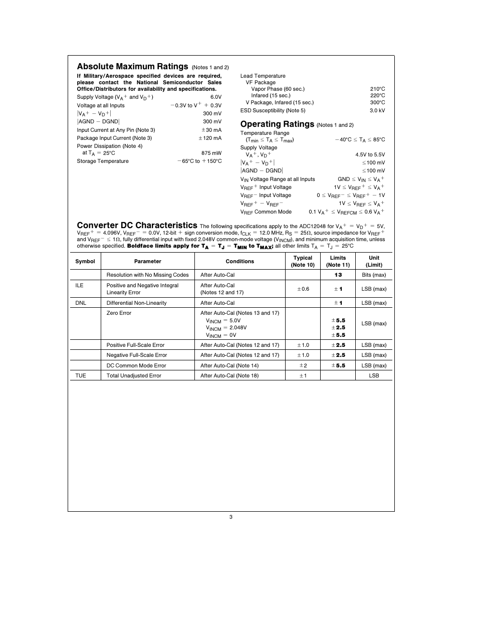 Absolute maximum ratings, Operating ratings, Converter dc characteristics | Rainbow Electronics ADC12048 User Manual | Page 3 / 30
