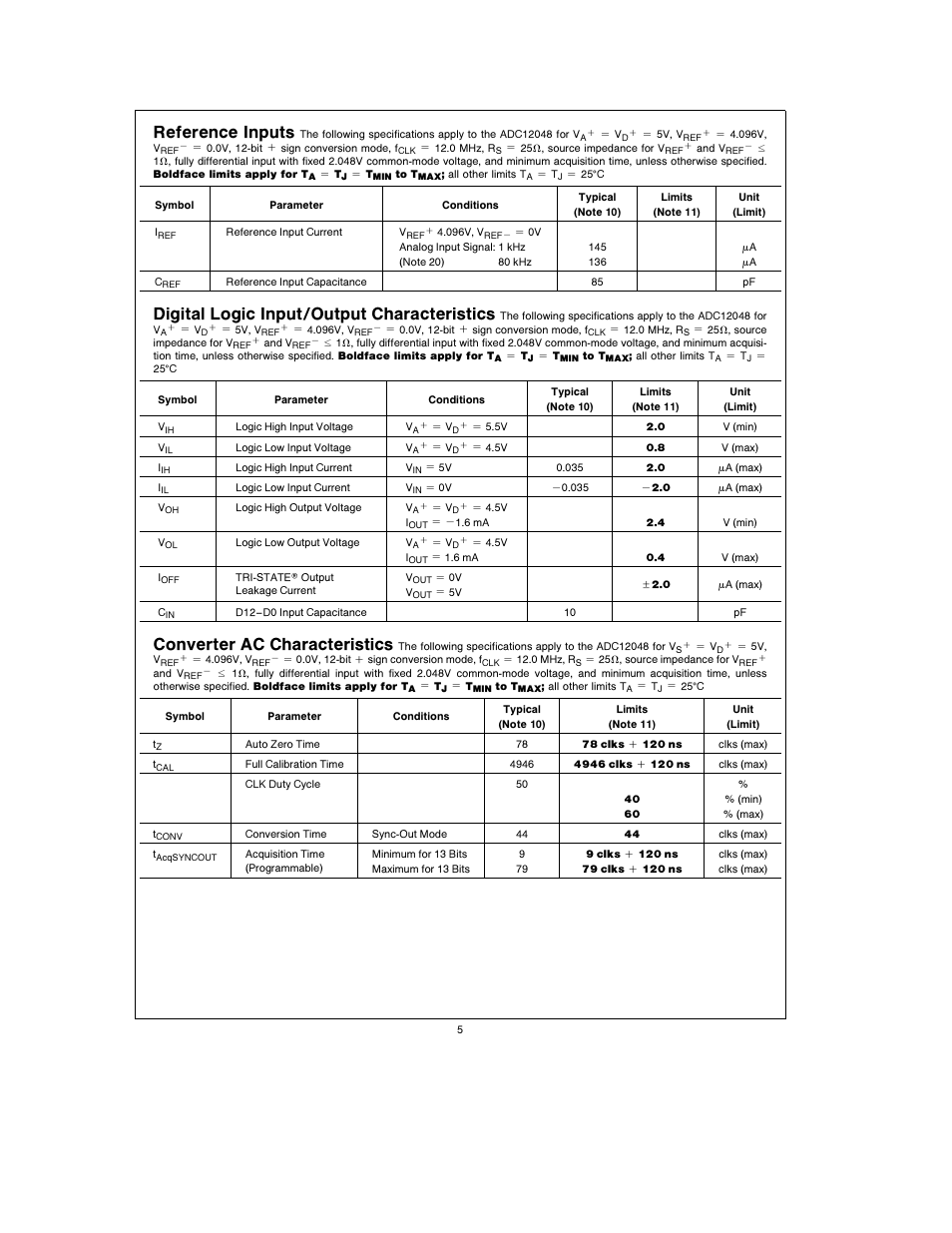 Reference inputs, Digital logic input output characteristics, Converter ac characteristics | Rainbow Electronics ADC12048 User Manual | Page 5 / 30