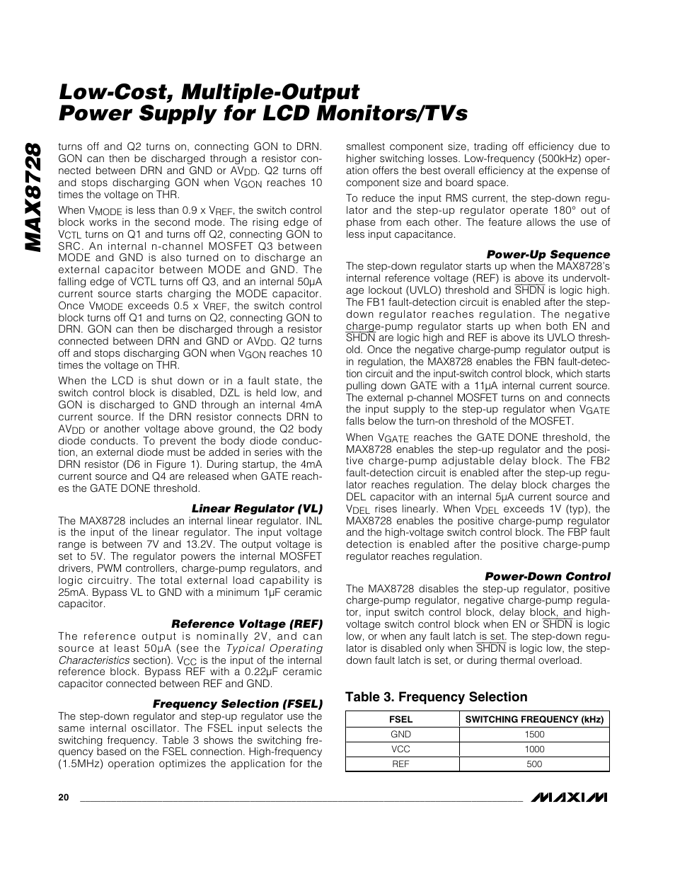 Table 3. frequency selection | Rainbow Electronics MAX8728 User Manual | Page 20 / 29