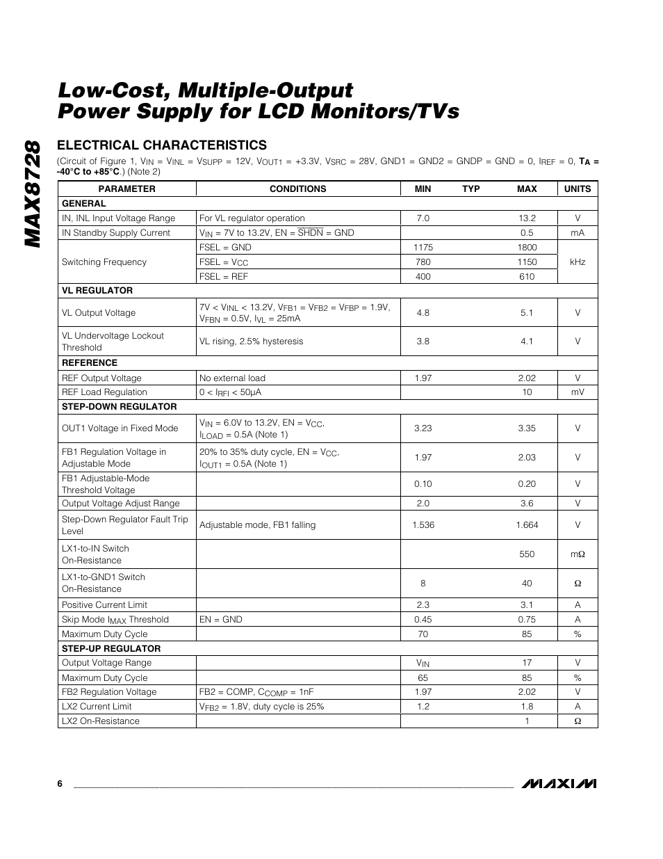 Electrical characteristics | Rainbow Electronics MAX8728 User Manual | Page 6 / 29