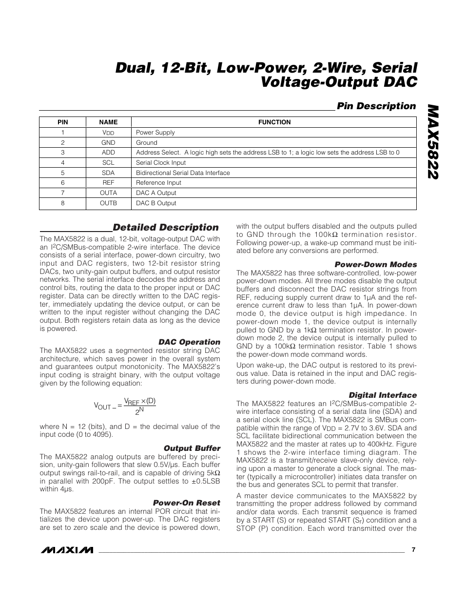 Detailed description, Pin description | Rainbow Electronics MAX5821 User Manual | Page 7 / 13