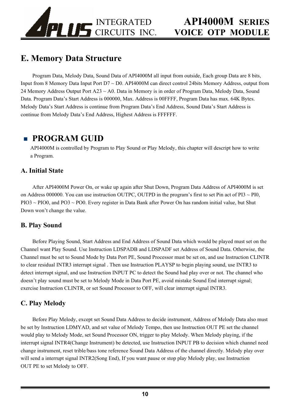 Api4000m, Integrated, Series | Circuits inc. voice otp module, Program guid | Rainbow Electronics API4000M User Manual | Page 10 / 15