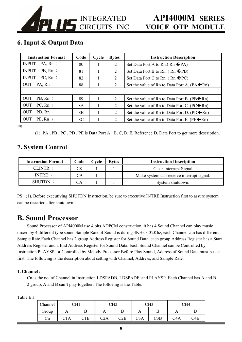 Api4000m, Integrated, Series | Circuits inc. voice otp module, B. sound processor, Input & output data, System control | Rainbow Electronics API4000M User Manual | Page 5 / 15