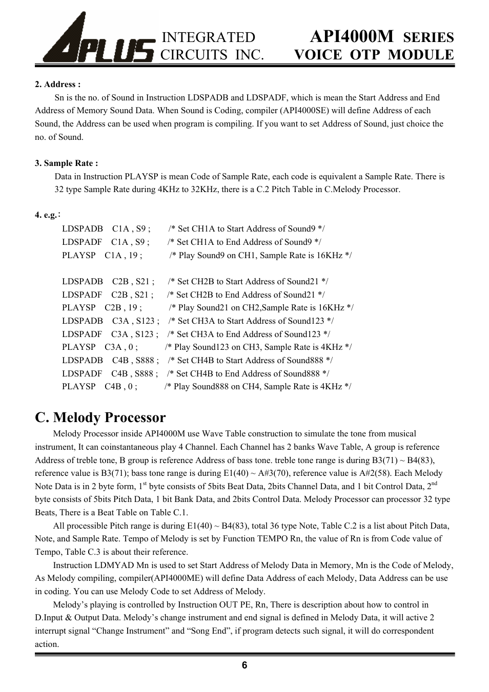 Api4000m, Integrated, Series | Circuits inc. voice otp module, C. melody processor | Rainbow Electronics API4000M User Manual | Page 6 / 15