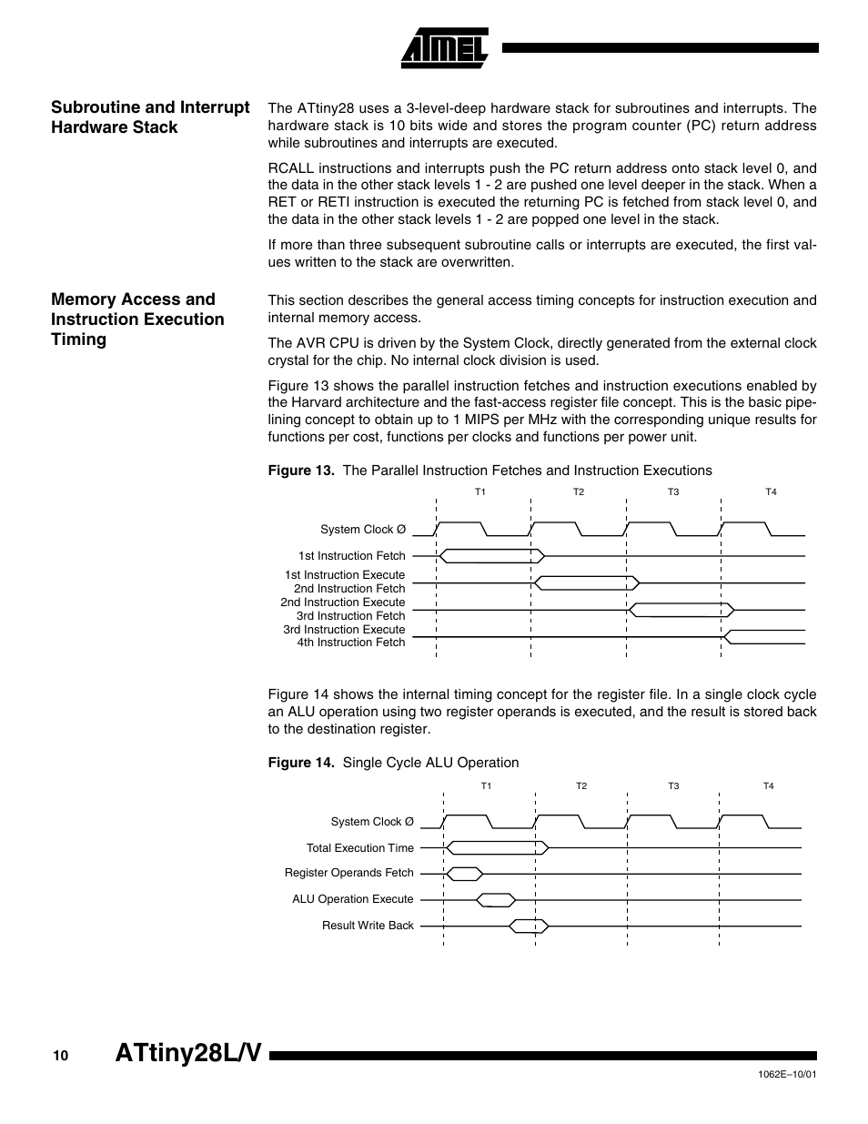 Subroutine and interrupt hardware stack, Memory access and instruction execution timing, Attiny28l/v | Rainbow Electronics ATtiny28L User Manual | Page 10 / 75