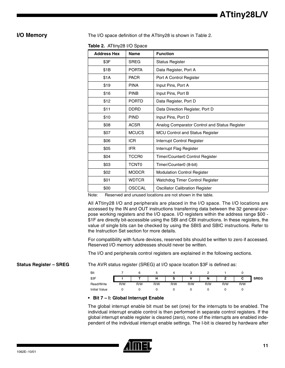 I/o memory, Status register – sreg, Attiny28l/v | Rainbow Electronics ATtiny28L User Manual | Page 11 / 75