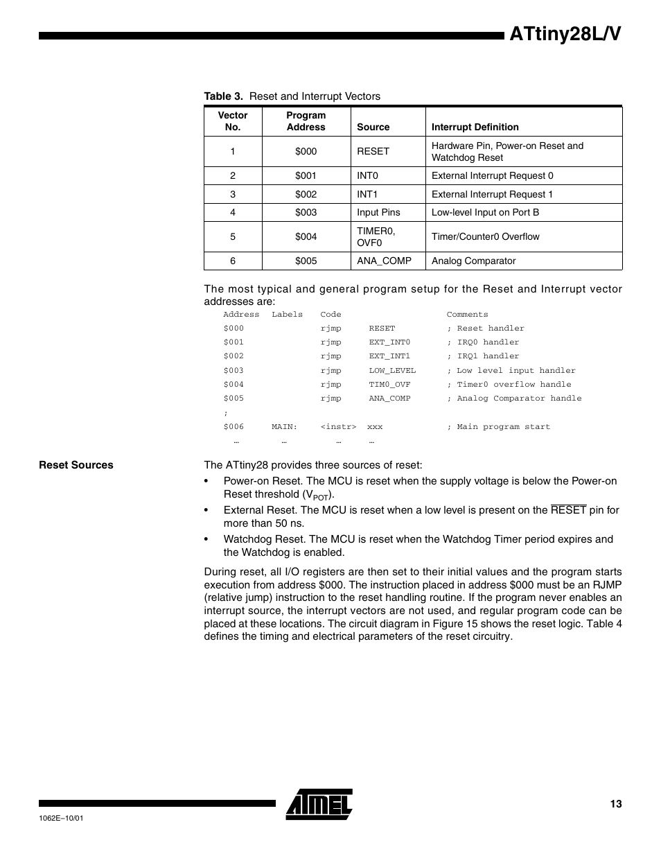 Reset sources, Attiny28l/v | Rainbow Electronics ATtiny28L User Manual | Page 13 / 75