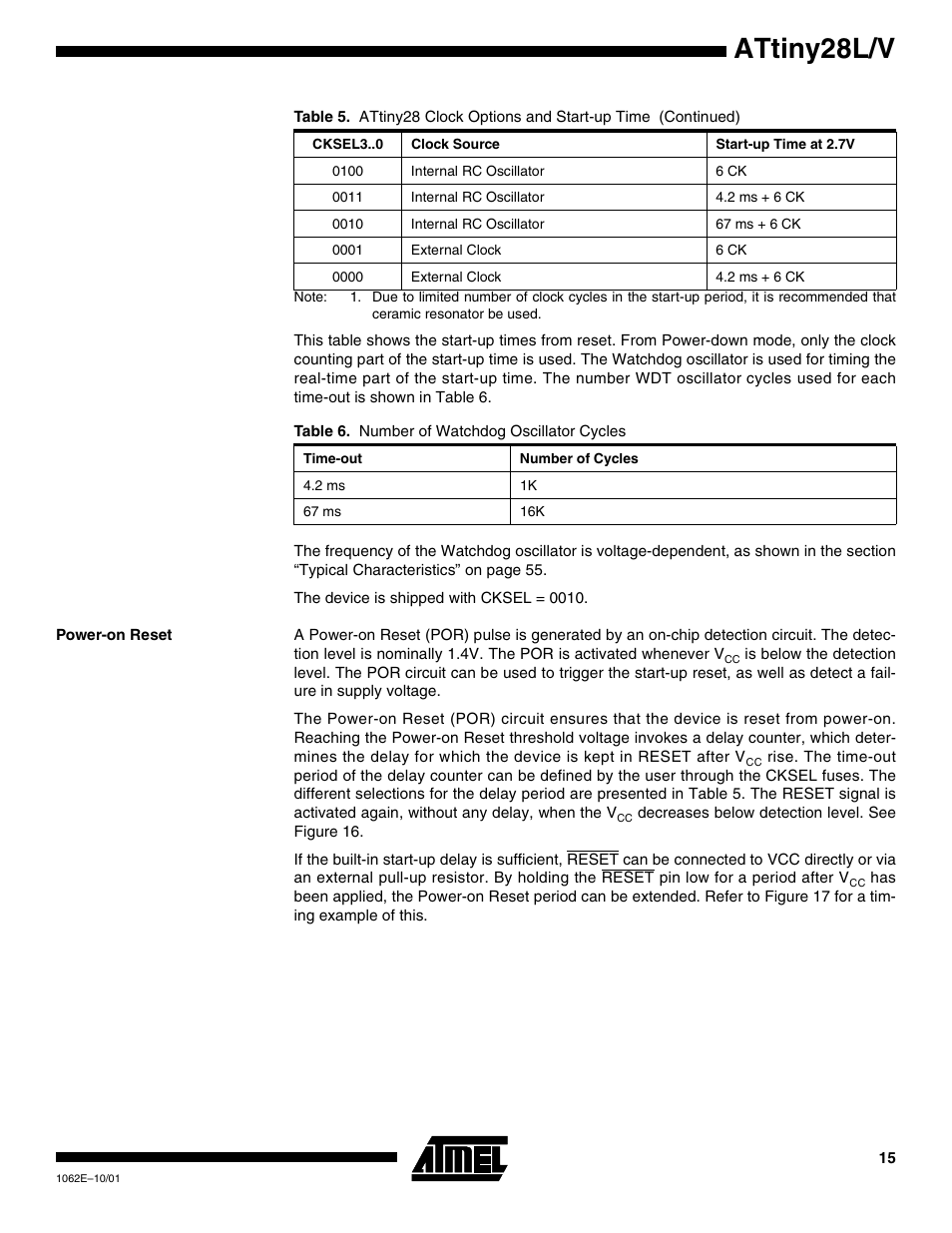 Power-on reset, Attiny28l/v | Rainbow Electronics ATtiny28L User Manual | Page 15 / 75