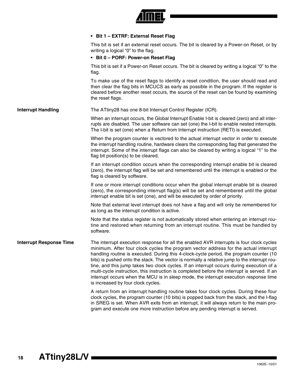 Interrupt handling, Interrupt response time, Attiny28l/v | Rainbow Electronics ATtiny28L User Manual | Page 18 / 75