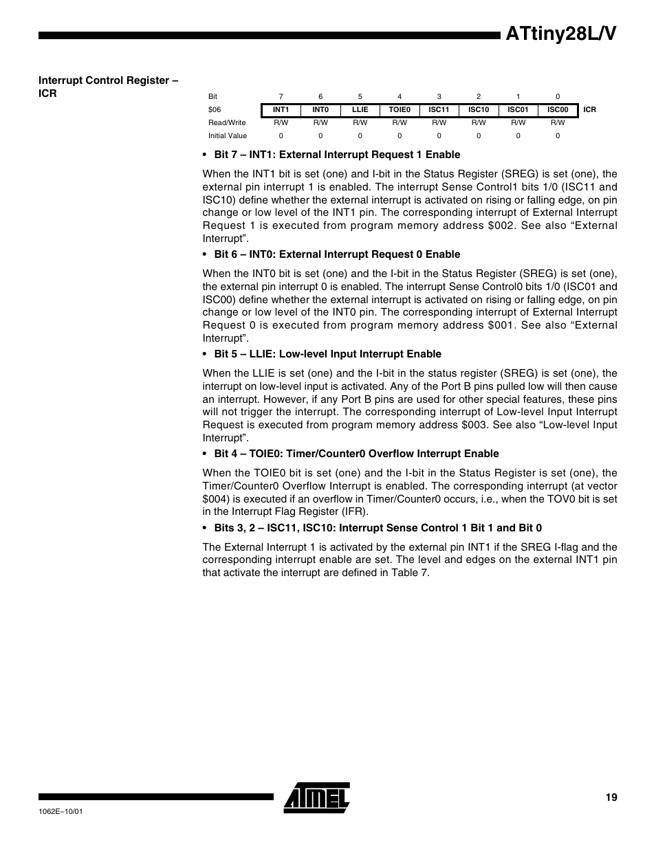 Interrupt control register – icr, Attiny28l/v | Rainbow Electronics ATtiny28L User Manual | Page 19 / 75