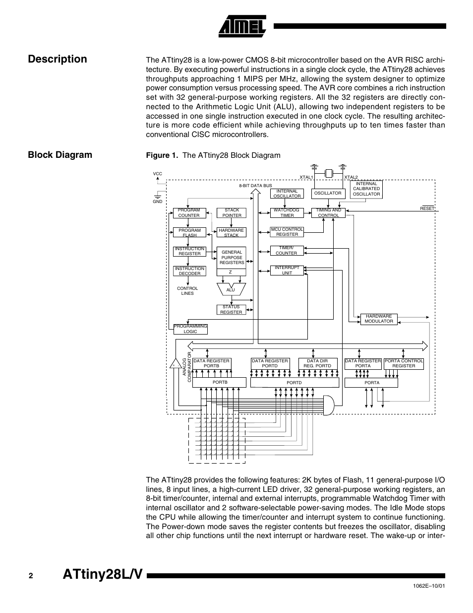 Description, Block diagram, Attiny28l/v | Rainbow Electronics ATtiny28L User Manual | Page 2 / 75