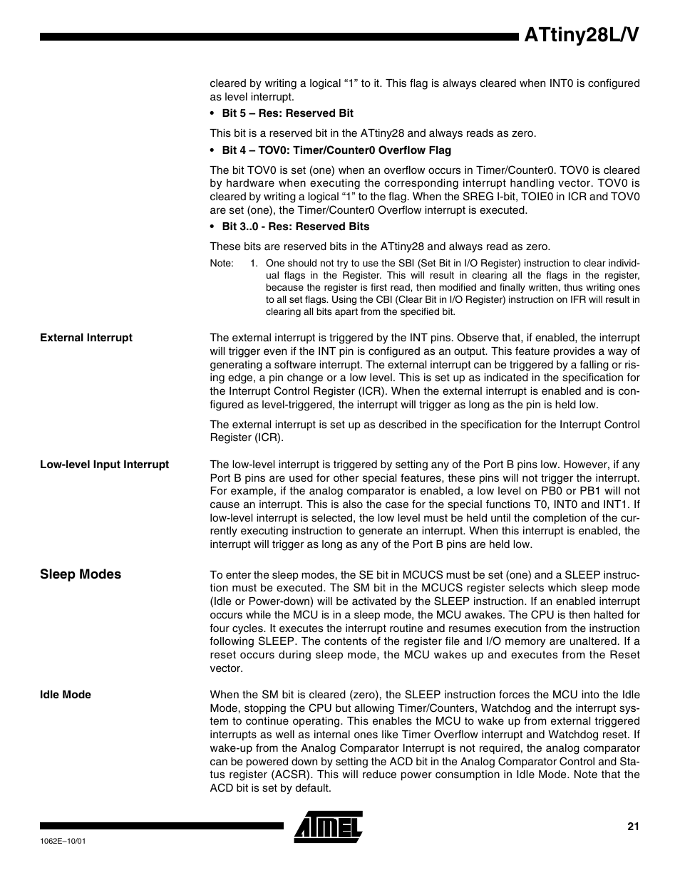 External interrupt, Low-level input interrupt, Sleep modes | Idle mode, Attiny28l/v | Rainbow Electronics ATtiny28L User Manual | Page 21 / 75