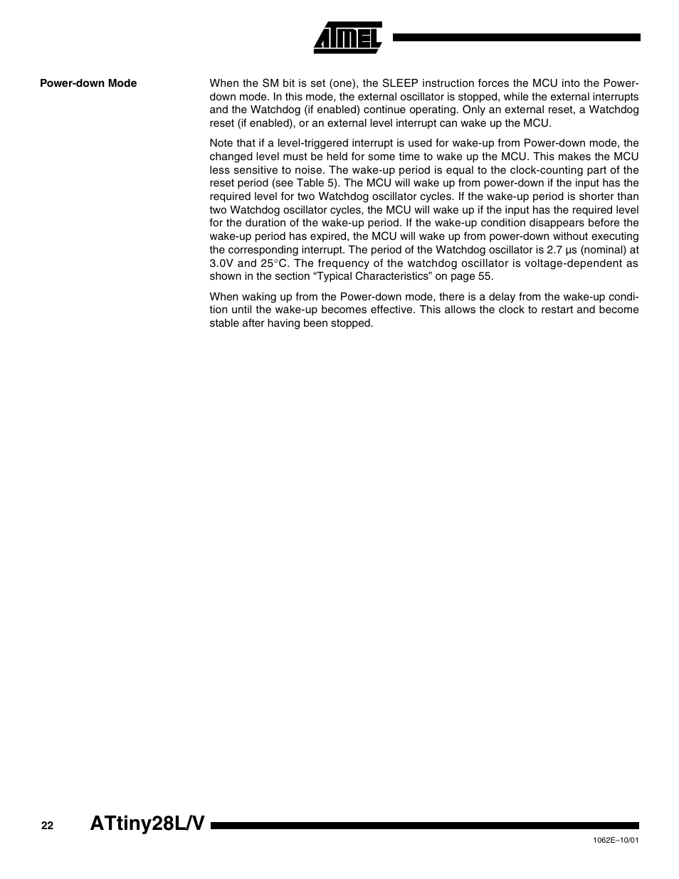 Power-down mode, Attiny28l/v | Rainbow Electronics ATtiny28L User Manual | Page 22 / 75