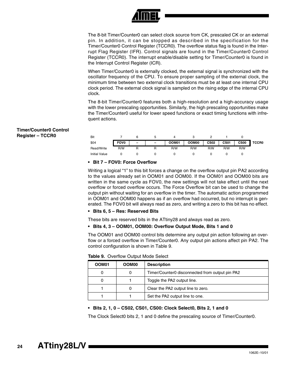 Timer/counter0 control register – tccr0, Attiny28l/v | Rainbow Electronics ATtiny28L User Manual | Page 24 / 75