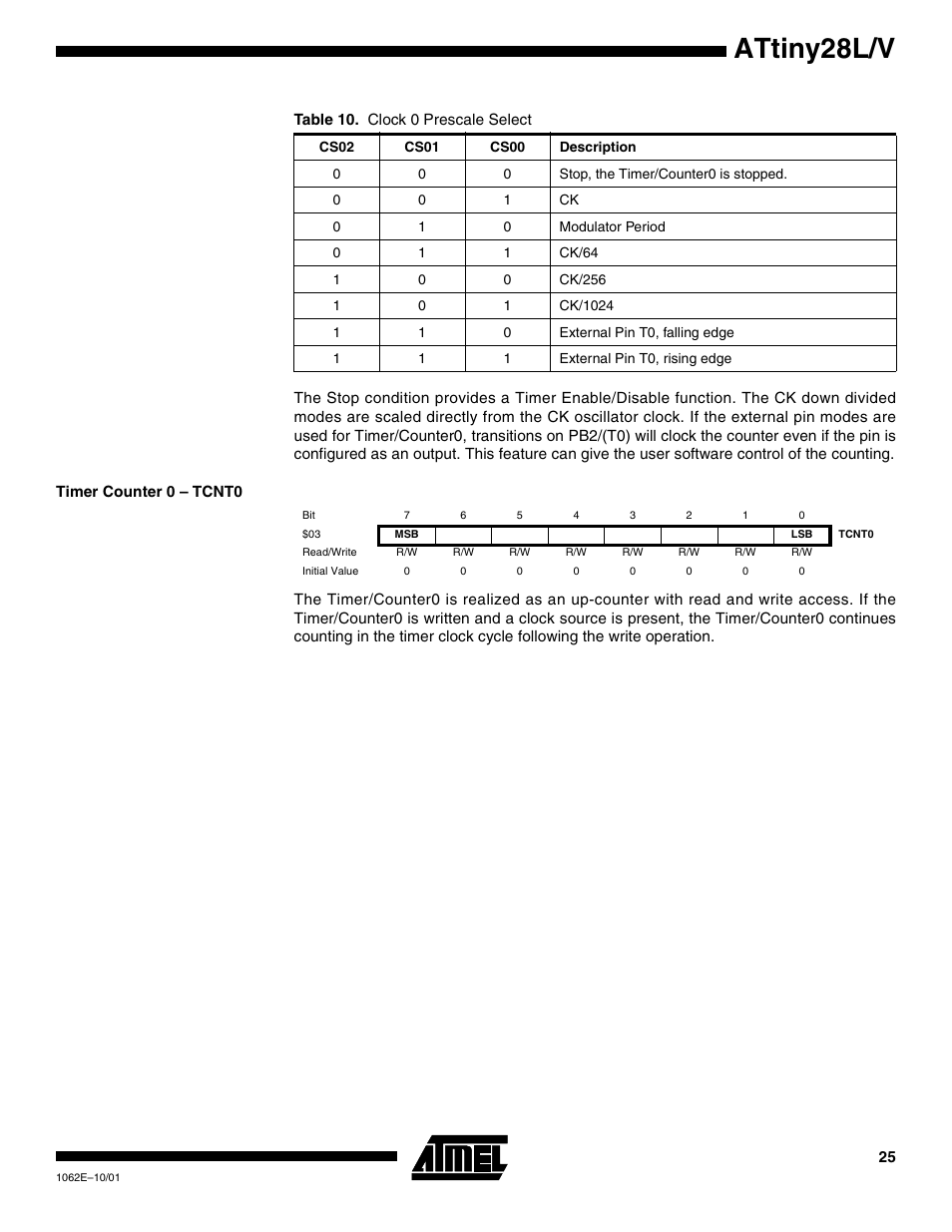 Timer counter 0 – tcnt0, Attiny28l/v | Rainbow Electronics ATtiny28L User Manual | Page 25 / 75