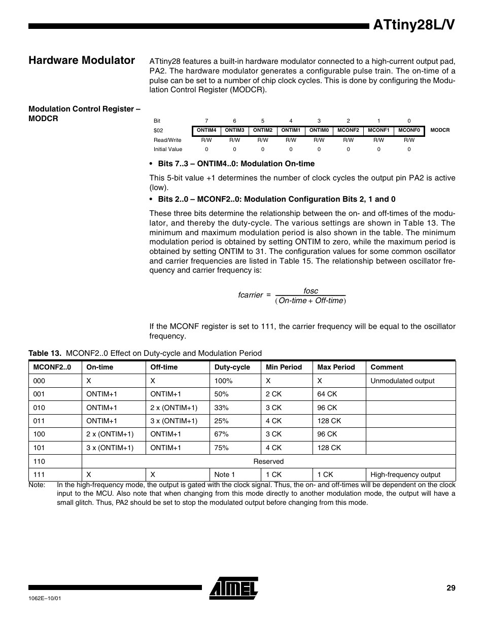 Hardware modulator, Modulation control register – modcr, Attiny28l/v | Rainbow Electronics ATtiny28L User Manual | Page 29 / 75