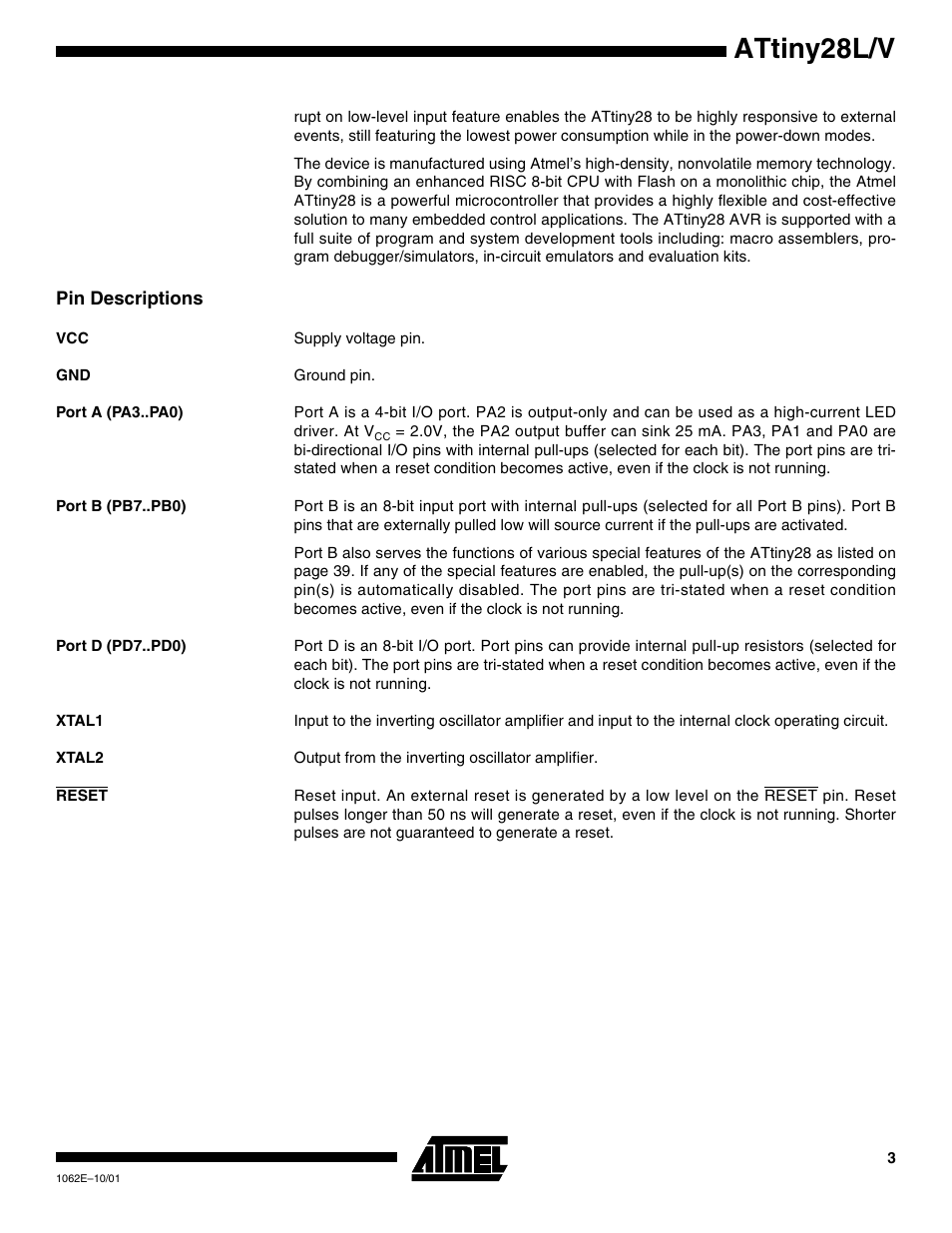 Pin descriptions, Port a (pa3..pa0), Port b (pb7..pb0) | Port d (pd7..pd0), Xtal1, Xtal2, Reset, Attiny28l/v | Rainbow Electronics ATtiny28L User Manual | Page 3 / 75