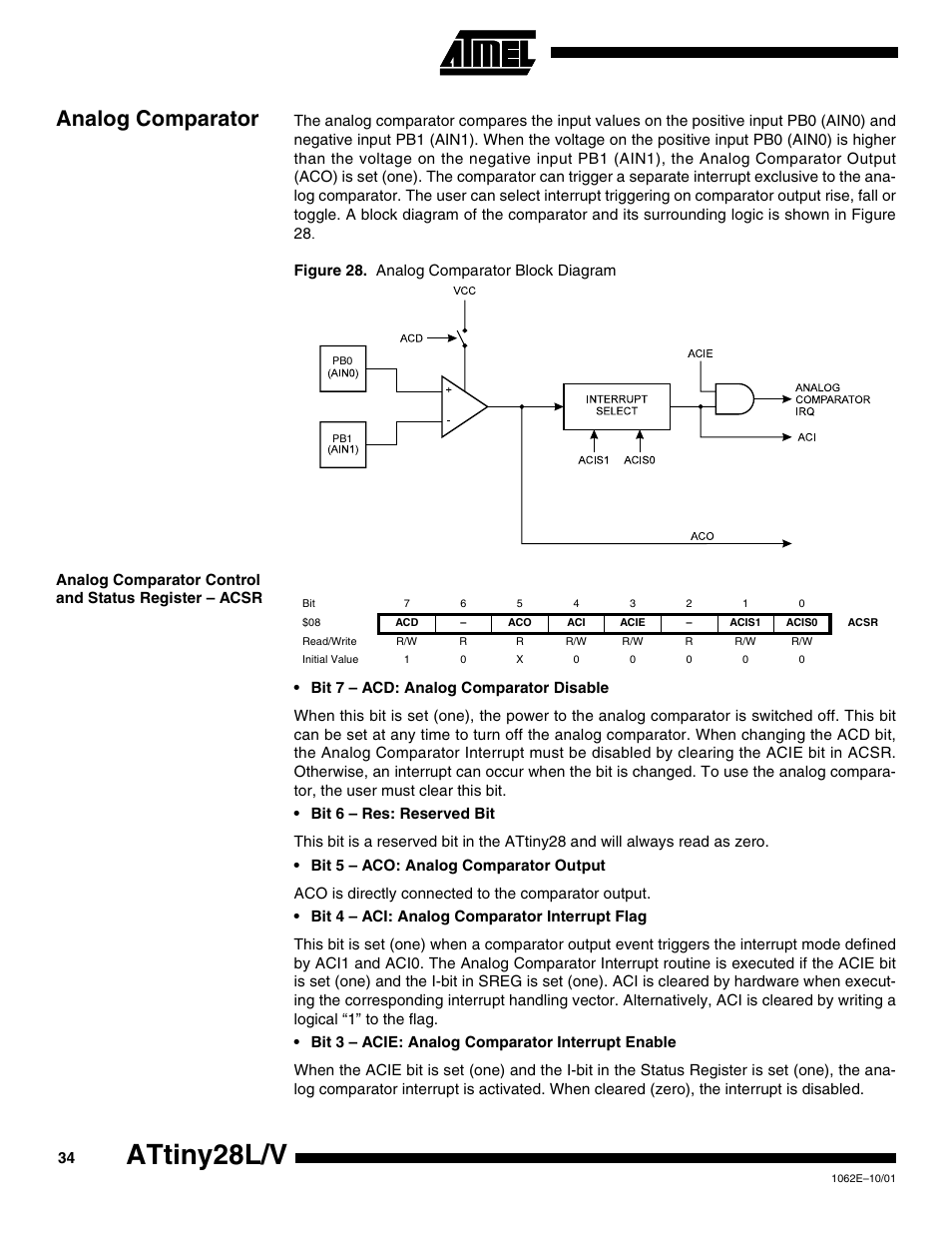 Analog comparator, Attiny28l/v | Rainbow Electronics ATtiny28L User Manual | Page 34 / 75