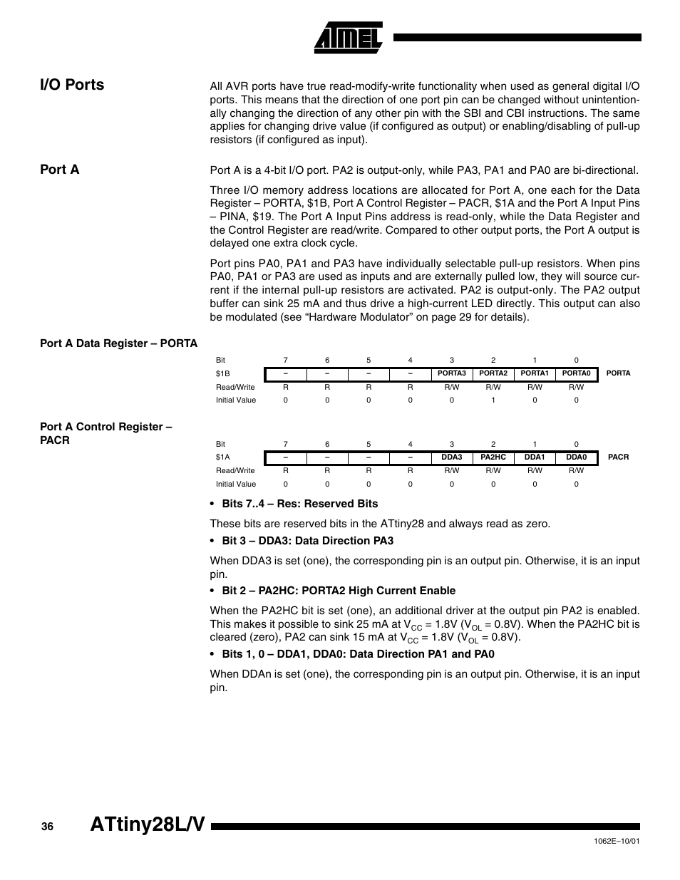 I/o ports, Port a, Port a data register – porta | Port a control register – pacr, Attiny28l/v, 8v (v | Rainbow Electronics ATtiny28L User Manual | Page 36 / 75