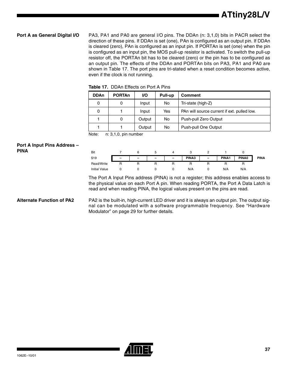 Port a as general digital i/o, Port a input pins address – pina, Alternate function of pa2 | Attiny28l/v | Rainbow Electronics ATtiny28L User Manual | Page 37 / 75