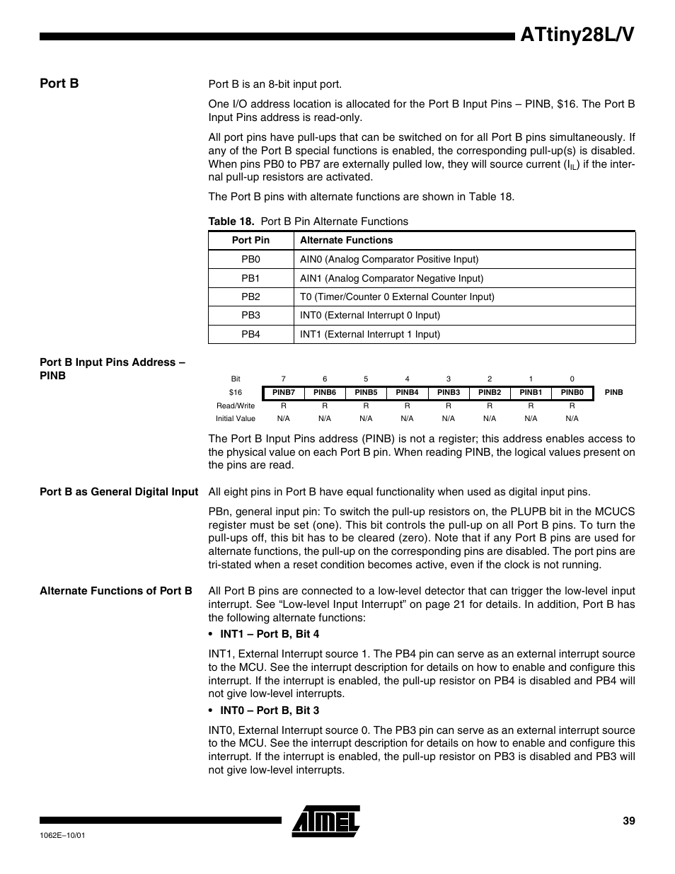 Port b, Port b input pins address – pinb, Port b as general digital input | Alternate functions of port b, Attiny28l/v | Rainbow Electronics ATtiny28L User Manual | Page 39 / 75