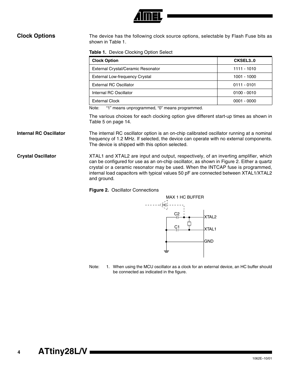Clock options, Internal rc oscillator, Crystal oscillator | Attiny28l/v | Rainbow Electronics ATtiny28L User Manual | Page 4 / 75