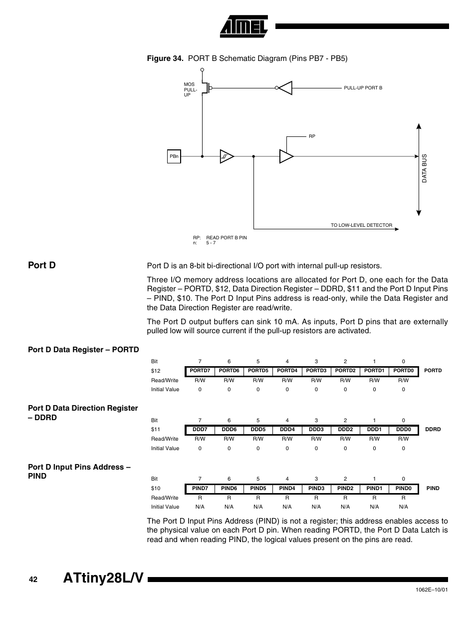 Port d, Port d data register – portd, Port d data direction register – ddrd | Port d input pins address – pind, Attiny28l/v | Rainbow Electronics ATtiny28L User Manual | Page 42 / 75