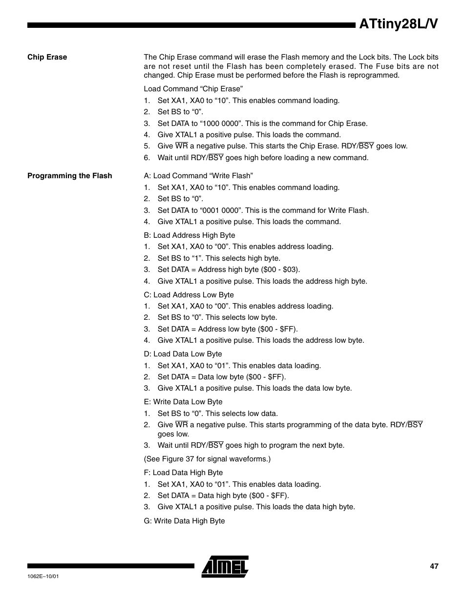 Chip erase, Programming the flash, Attiny28l/v | Rainbow Electronics ATtiny28L User Manual | Page 47 / 75