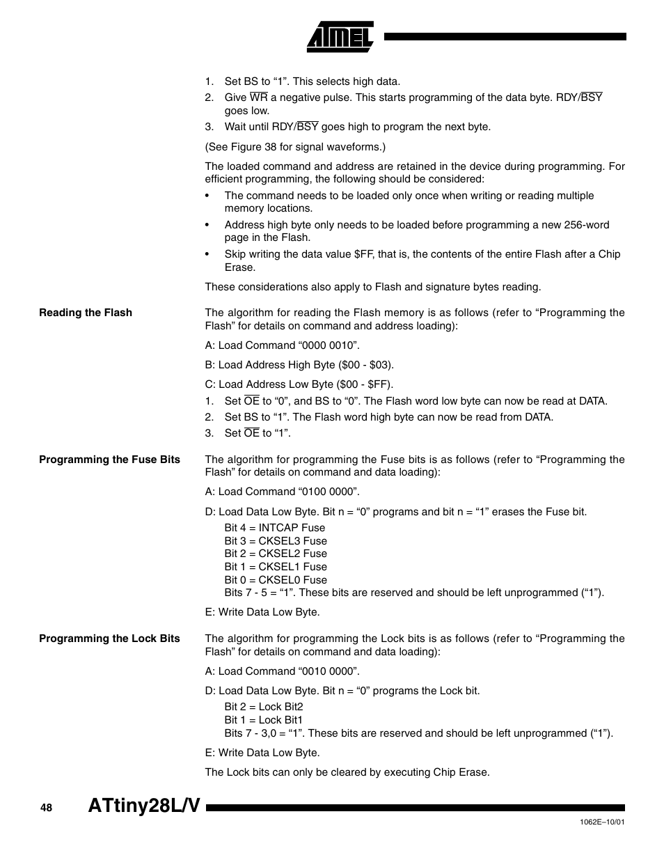 Reading the flash, Programming the fuse bits, Programming the lock bits | Attiny28l/v | Rainbow Electronics ATtiny28L User Manual | Page 48 / 75