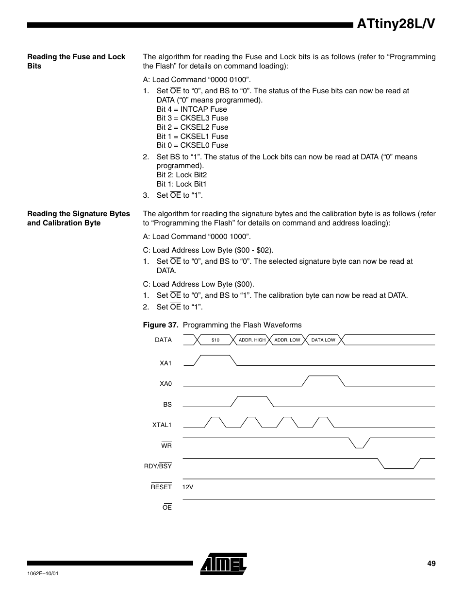 Reading the fuse and lock bits, Reading the signature bytes and calibration byte, Attiny28l/v | Rainbow Electronics ATtiny28L User Manual | Page 49 / 75