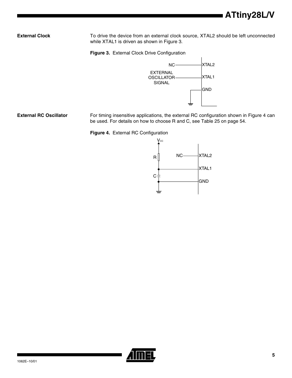 External clock, External rc oscillator, Attiny28l/v | Rainbow Electronics ATtiny28L User Manual | Page 5 / 75