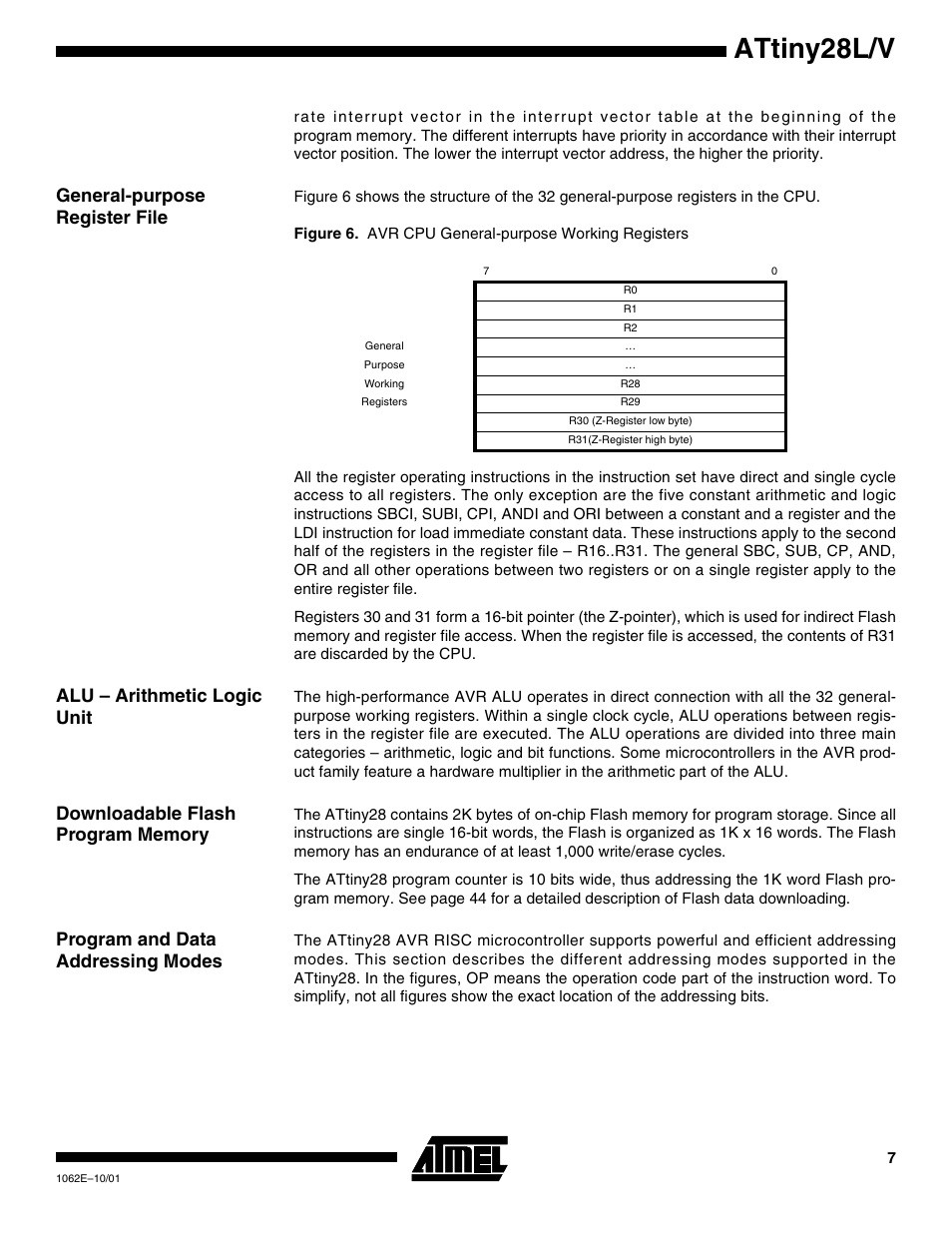 General-purpose register file, Alu – arithmetic logic unit, Downloadable flash program memory | Program and data addressing modes, Attiny28l/v | Rainbow Electronics ATtiny28L User Manual | Page 7 / 75