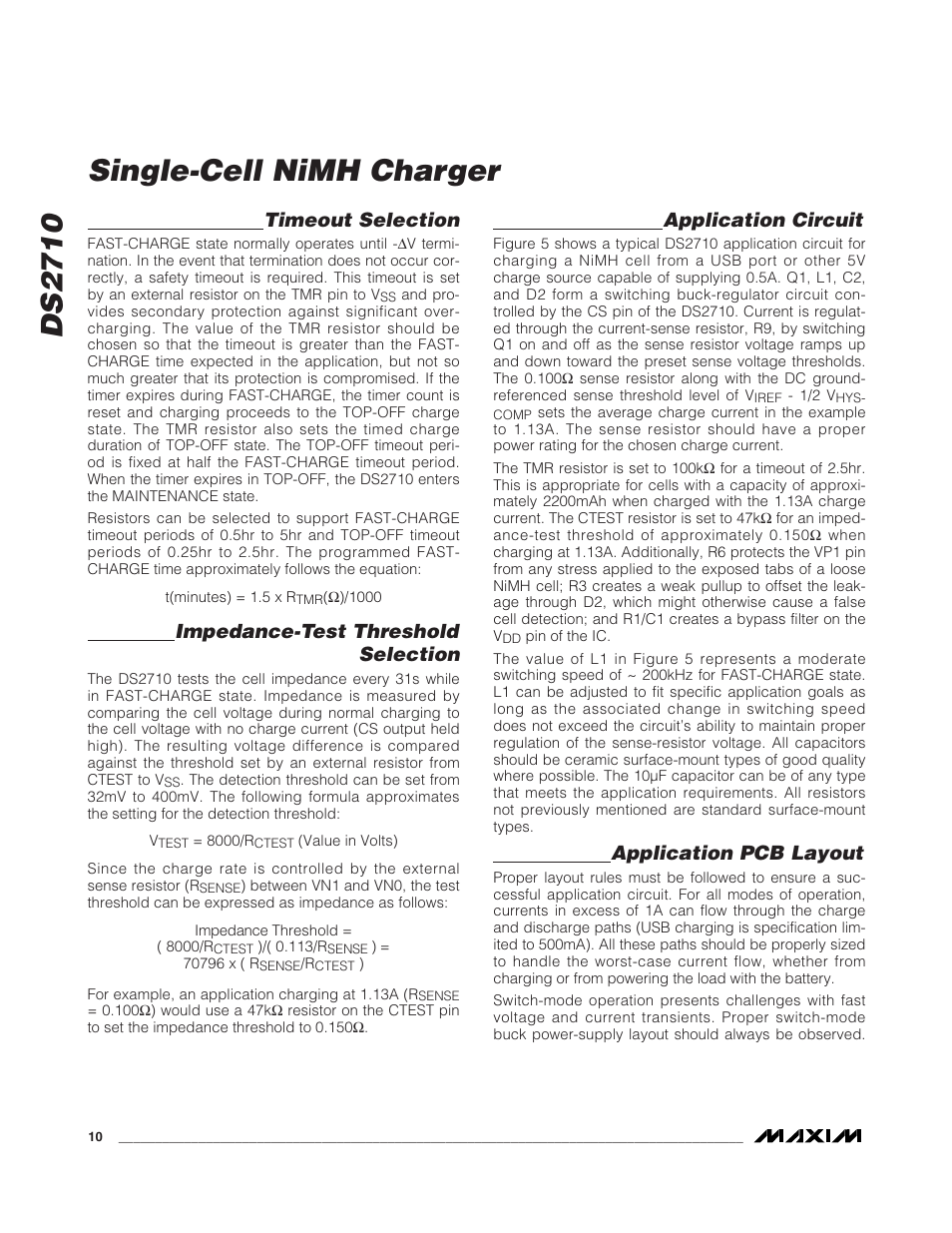 Ds2710, Single-cell nimh charger, Timeout selection | Impedance-test threshold selection, Application circuit, Application pcb layout | Rainbow Electronics DS2710 User Manual | Page 10 / 12