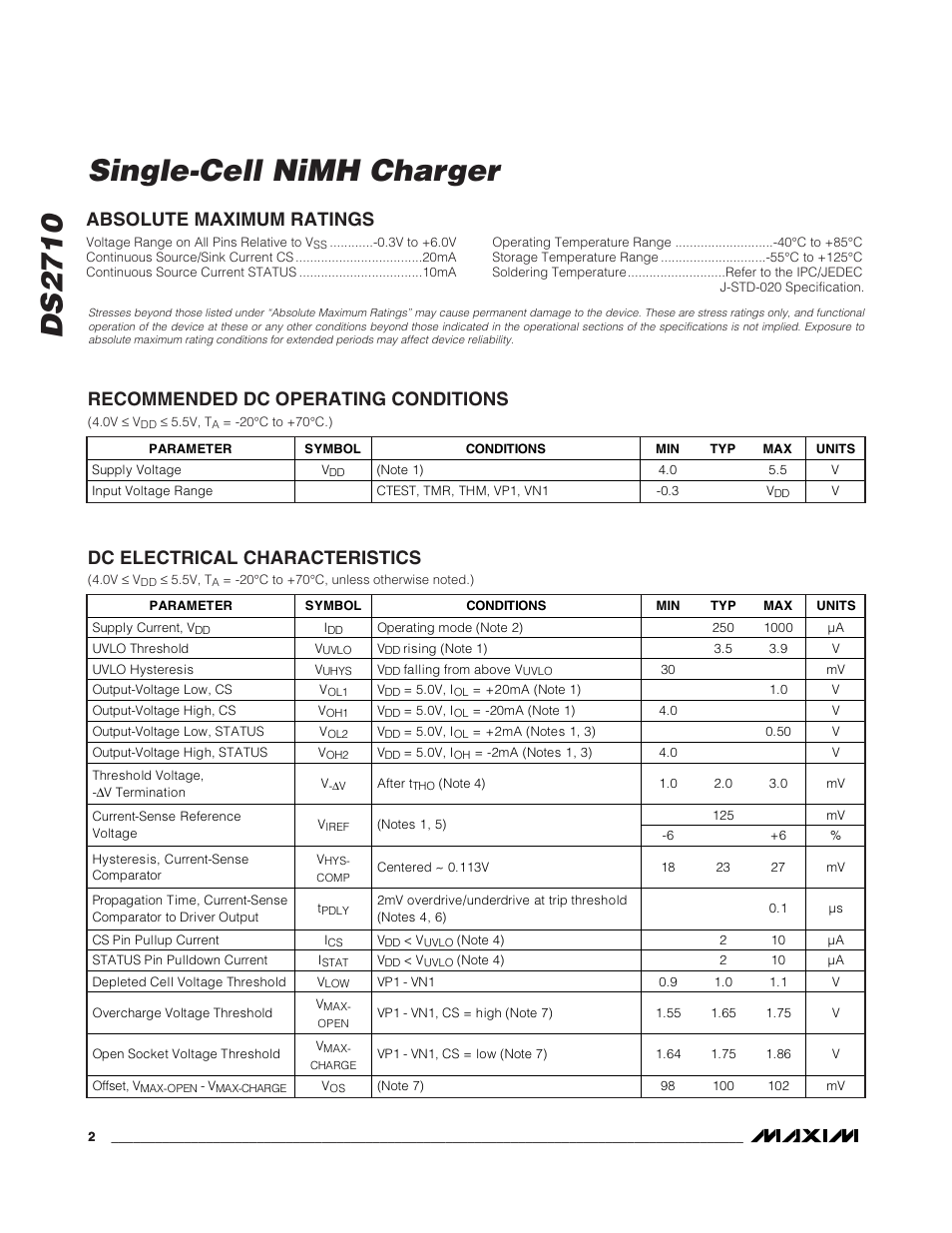 Ds2710 single-cell nimh charger, Dc electrical characteristics | Rainbow Electronics DS2710 User Manual | Page 2 / 12