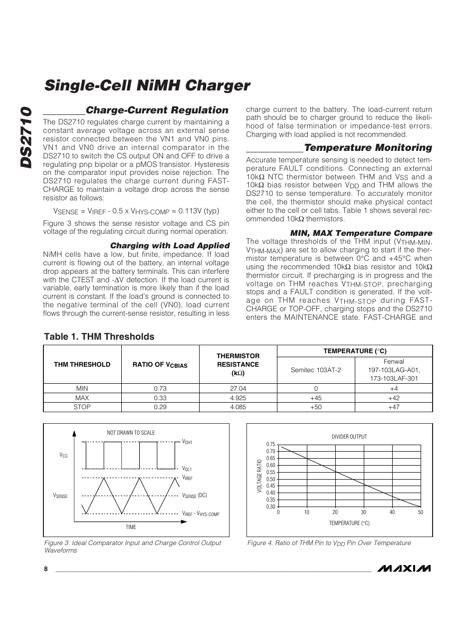 Ds2710, Single-cell nimh charger, Charge-current regulation | Temperature monitoring, Table 1. thm thresholds | Rainbow Electronics DS2710 User Manual | Page 8 / 12