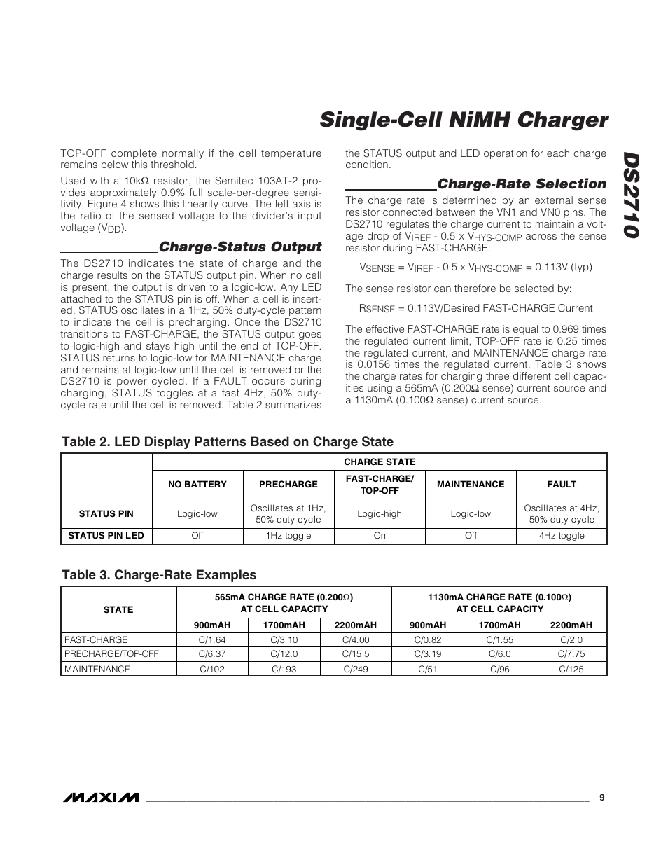 Ds2710 single-cell nimh charger, Charge-status output, Charge-rate selection | Table 3. charge-rate examples | Rainbow Electronics DS2710 User Manual | Page 9 / 12