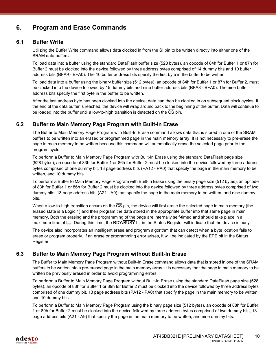 Program and erase commands, 1 buffer write | Rainbow Electronics AT45DB642 User Manual | Page 10 / 71