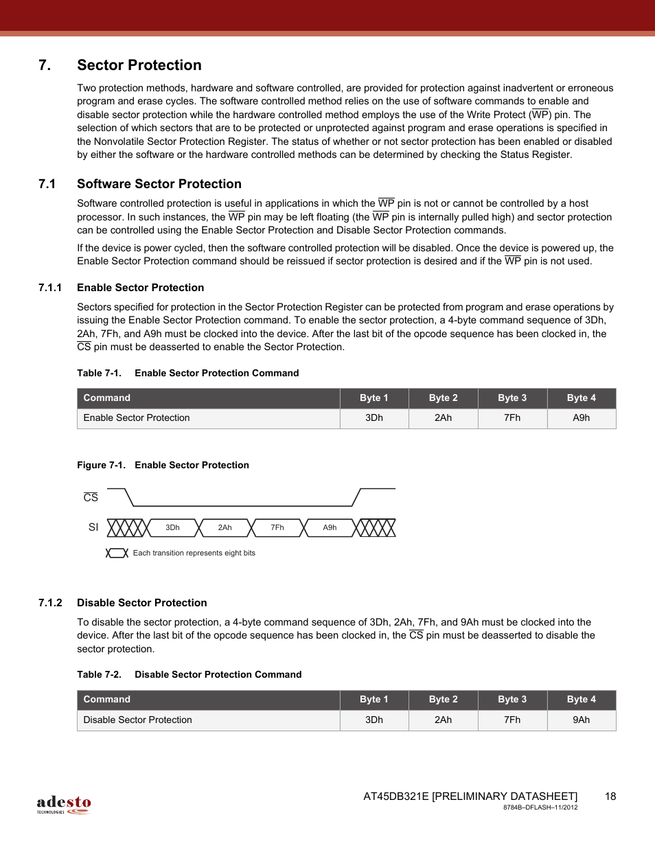 Sector protection, 1 software sector protection, 1 enable sector protection | 2 disable sector protection | Rainbow Electronics AT45DB642 User Manual | Page 18 / 71