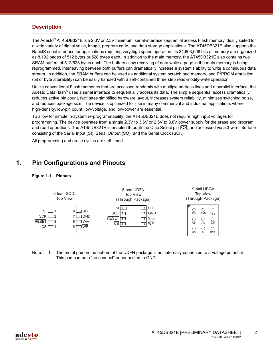 Description, Pin configurations and pinouts | Rainbow Electronics AT45DB642 User Manual | Page 2 / 71