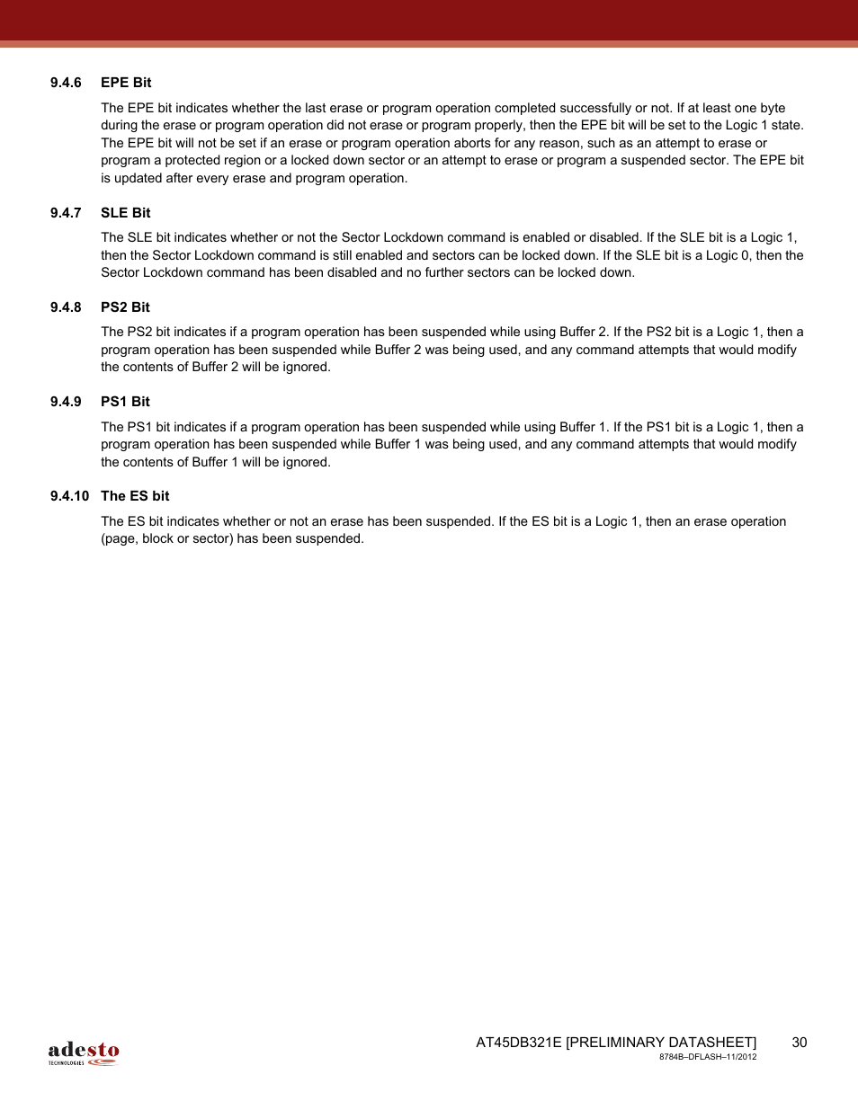 6 epe bit, 7 sle bit, 8 ps2 bit | 9 ps1 bit, 10 the es bit | Rainbow Electronics AT45DB642 User Manual | Page 30 / 71