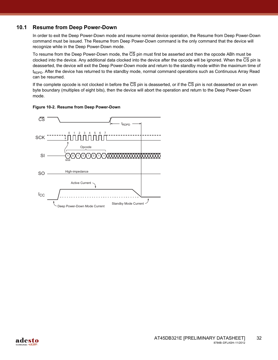 1 resume from deep power-down, Sck cs si so | Rainbow Electronics AT45DB642 User Manual | Page 32 / 71