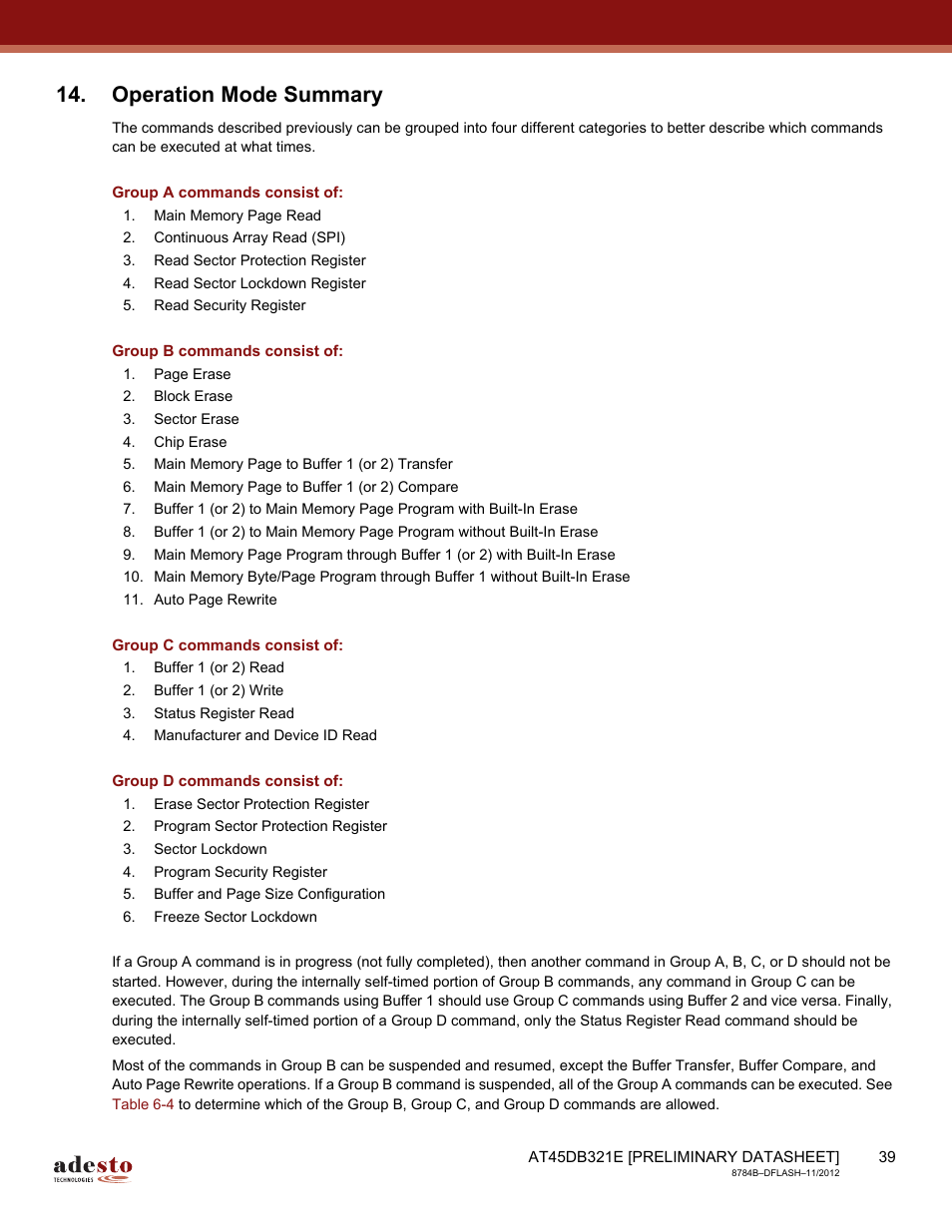 Operation mode summary, Group a commands consist of, Group b commands consist of | Group c commands consist of, Group d commands consist of | Rainbow Electronics AT45DB642 User Manual | Page 39 / 71
