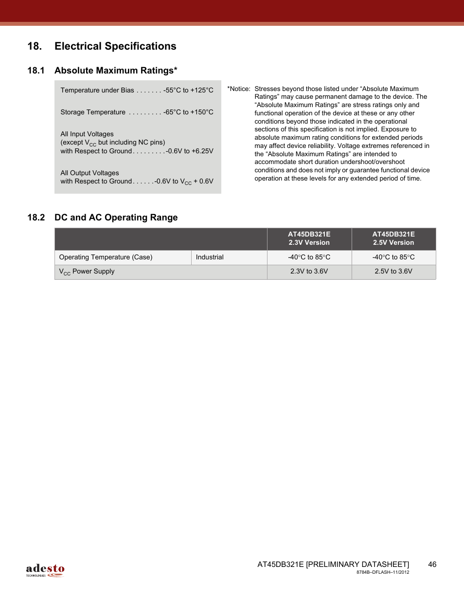 Electrical specifications, 1 absolute maximum ratings, 2 dc and ac operating range | Rainbow Electronics AT45DB642 User Manual | Page 46 / 71