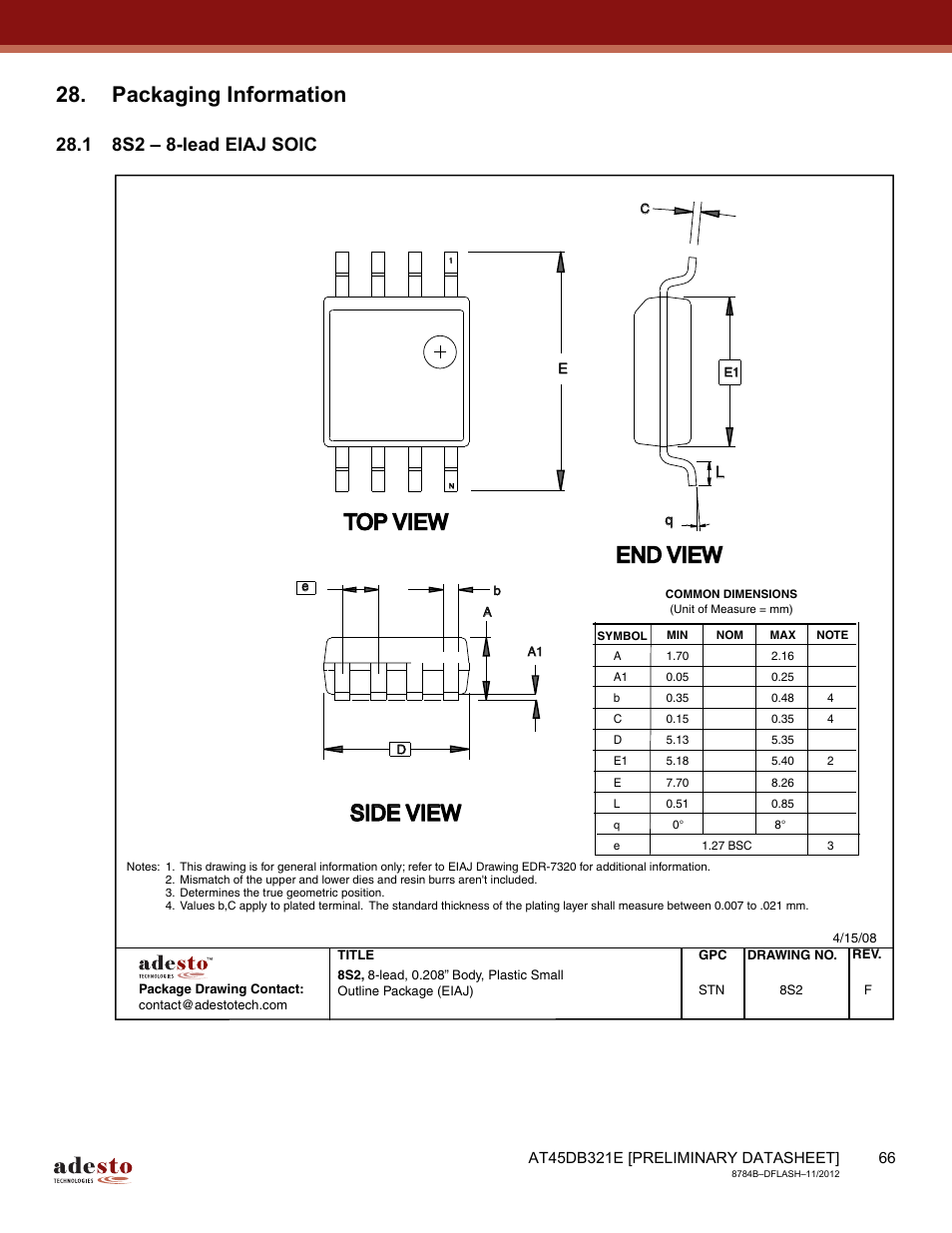 Packaging information, 1 8s2 – 8-lead eiaj soic, Top view | End view, Side view | Rainbow Electronics AT45DB642 User Manual | Page 66 / 71