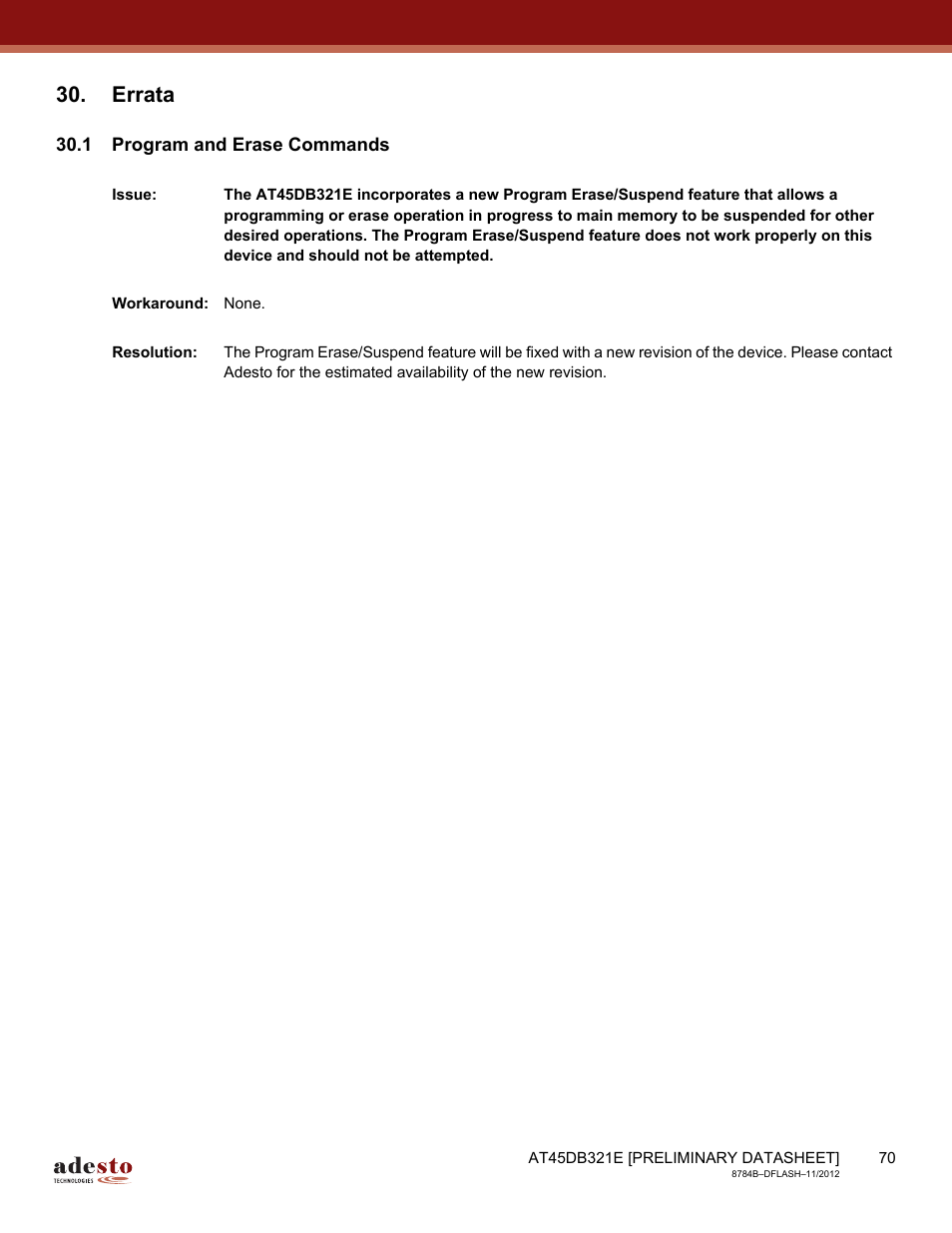 Errata, 1 program and erase commands | Rainbow Electronics AT45DB642 User Manual | Page 70 / 71