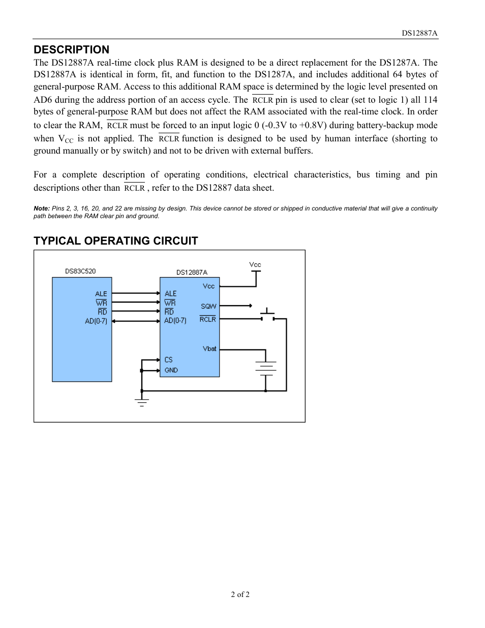 Description, Typical operating circuit | Rainbow Electronics DS12887A User Manual | Page 2 / 2